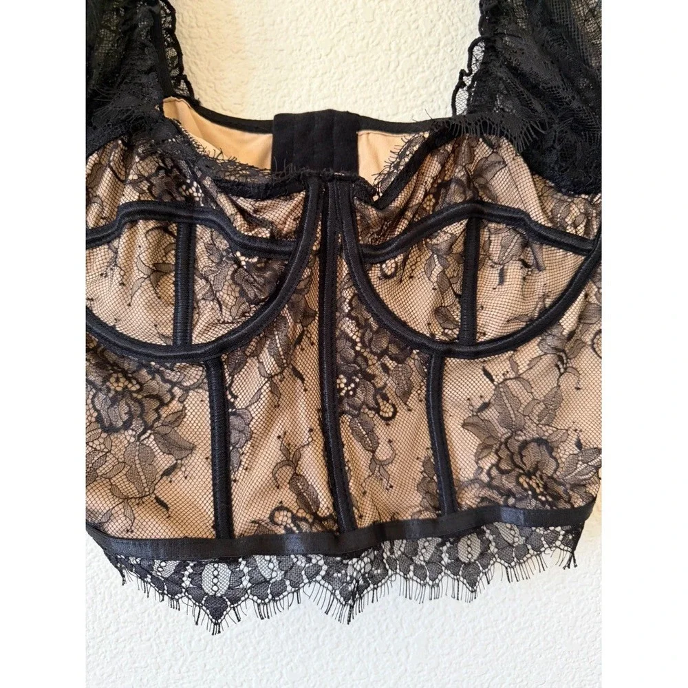 SHEIN Curve Plus Size Black Lace Corset Bustier Crop Top Puff Sleeve 1XL